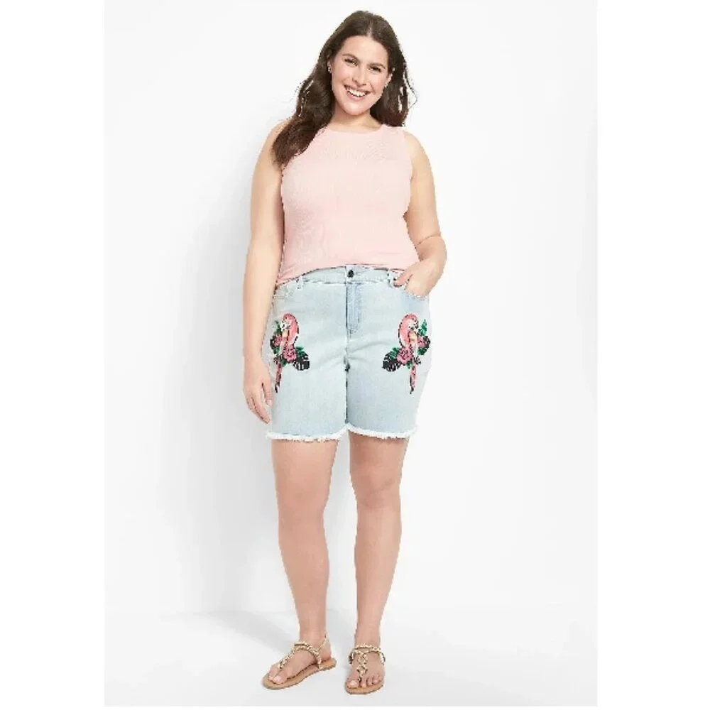 Lane Bryant Boyfriend Midi Denim Short Embroidered Parrot Size 22